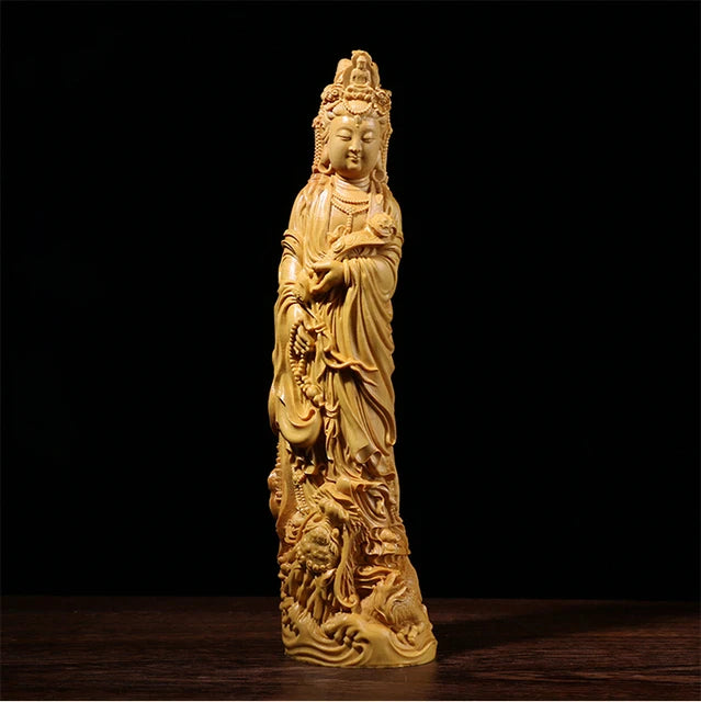 Boxwood 20cm 23cm Guanyin Sculpture Wood Carving Buddha Statue Guan Yin with Dragon Home Decor