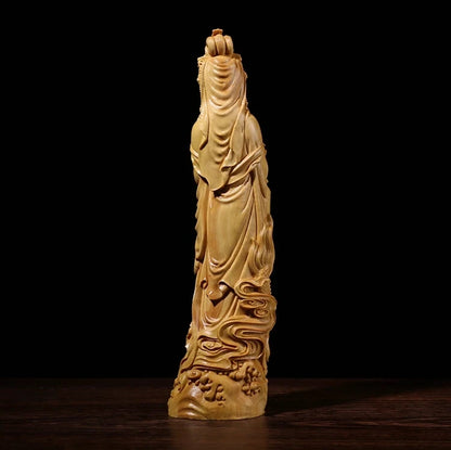 Boxwood 20cm 23cm Guanyin Sculpture Wood Carving Buddha Statue Guan Yin with Dragon Home Decor