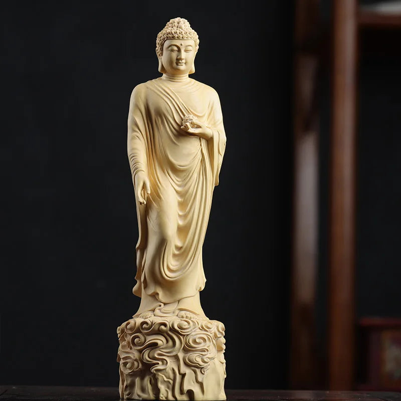 Boxwood 20cm Amitabha Buddha Sculpture Wood Carving Sakyamuni Statue Worship Home Decor
