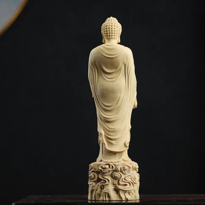Boxwood 20cm Amitabha Buddha Sculpture Wood Carving Sakyamuni Statue Worship Home Decor