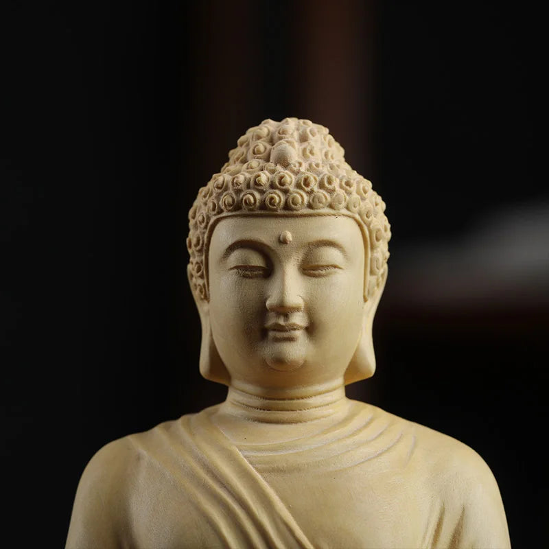 Boxwood 20cm Amitabha Buddha Sculpture Wood Carving Sakyamuni Statue Worship Home Decor