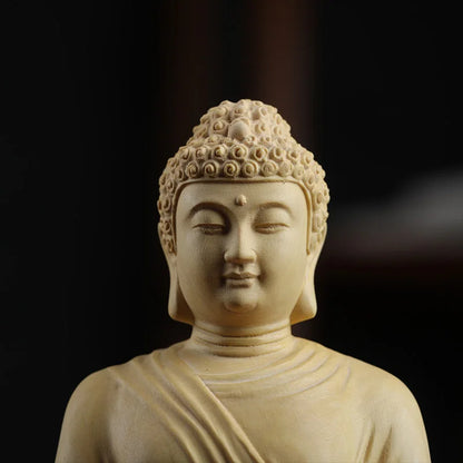 Boxwood 20cm Amitabha Buddha Sculpture Wood Carving Sakyamuni Statue Worship Home Decor
