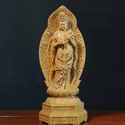 Boxwood 20cm Amitabha Guanyin Western Bodhisattva Sculpture Wood Three Buddha Statue Home Decoration