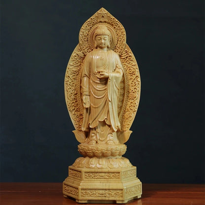 Boxwood 20cm Amitabha Guanyin Western Bodhisattva Sculpture Wood Three Buddha Statue Home Decoration