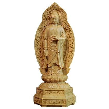 Boxwood 20cm Amitabha Guanyin Western Bodhisattva Sculpture Wood Three Buddha Statue Home Decoration