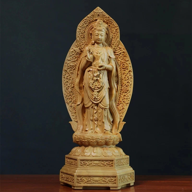 Boxwood 20cm Amitabha Guanyin Western Bodhisattva Sculpture Wood Three Buddha Statue Home Decoration
