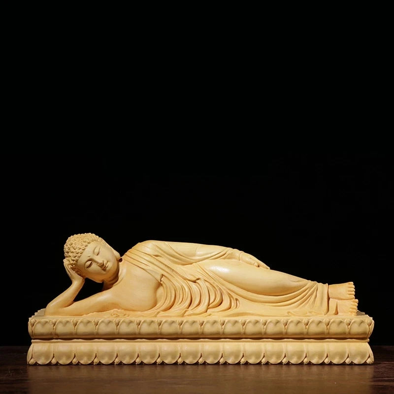 Boxwood 20cm Buddha Sculpture Wood Carving Lying Buddha Statue Worship Shakyamuni Home Decor
