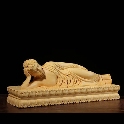 Boxwood 20cm Buddha Sculpture Wood Carving Lying Buddha Statue Worship Shakyamuni Home Decor