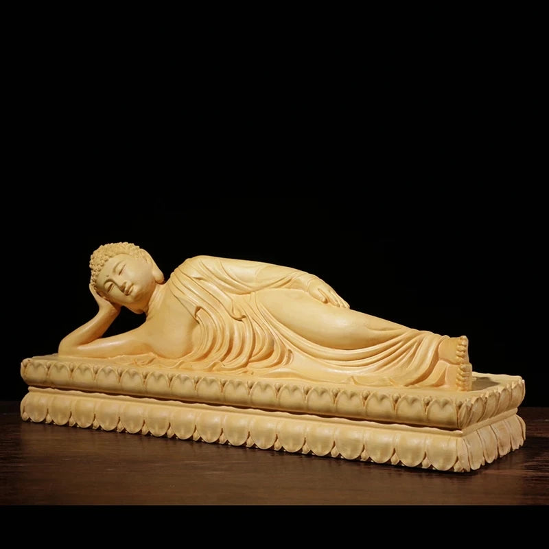 Boxwood 20cm Buddha Sculpture Wood Carving Lying Buddha Statue Worship Shakyamuni Home Decor