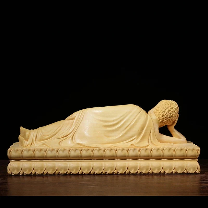 Boxwood 20cm Buddha Sculpture Wood Carving Lying Buddha Statue Worship Shakyamuni Home Decor