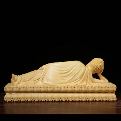 Boxwood 20cm Buddha Sculpture Wood Carving Lying Buddha Statue Worship Shakyamuni Home Decor