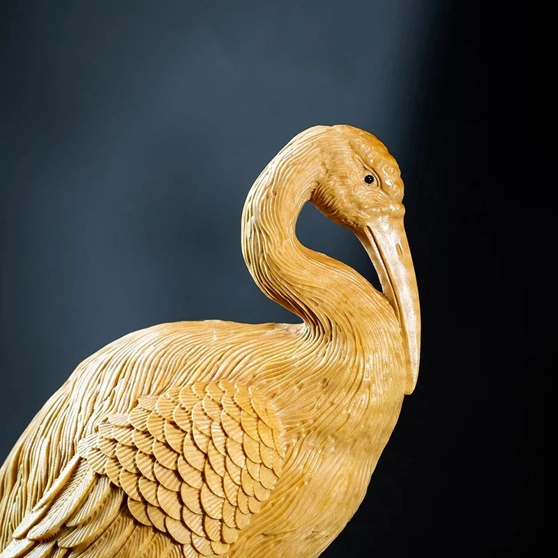 Boxwood 20cm Crane Sculpture Noble Wood Animal Statue Lucky Auspicious Home Decor
