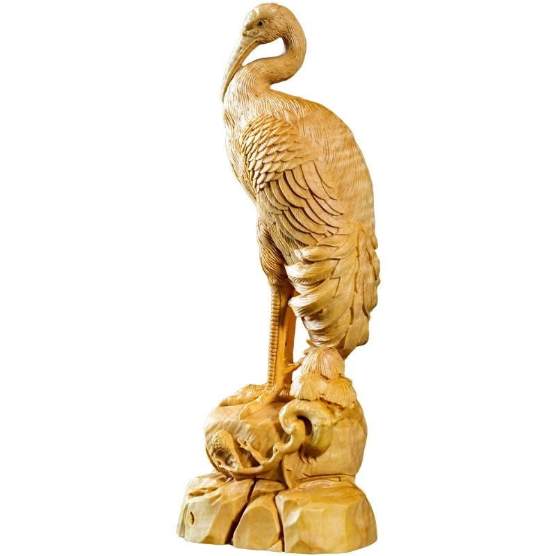 Boxwood 20cm Crane Sculpture Noble Wood Animal Statue Lucky Auspicious Home Decor