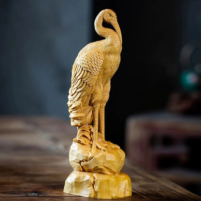 Boxwood 20cm Crane Sculpture Noble Wood Animal Statue Lucky Auspicious Home Decor