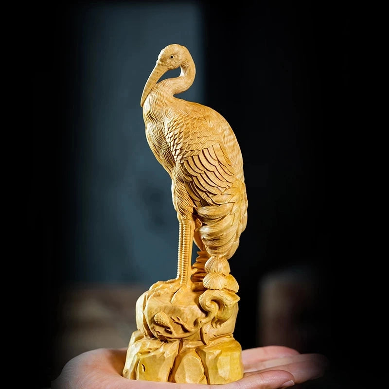 Boxwood 20cm Crane Sculpture Noble Wood Animal Statue Lucky Auspicious Home Decor