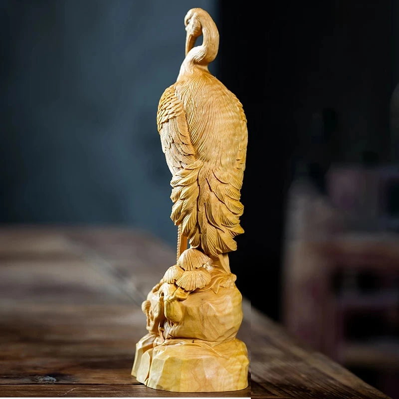 Boxwood 20cm Crane Sculpture Noble Wood Animal Statue Lucky Auspicious Home Decor