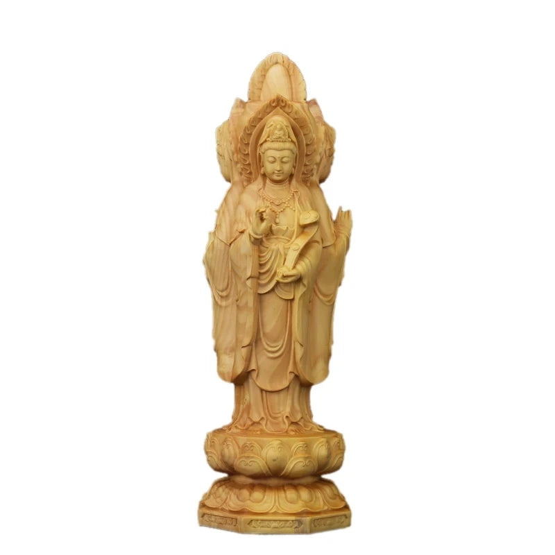 Boxwood 20cm Guanyin Sculpture Wood Buddha Statue Three Face Guan Yin with Boy Home Decor