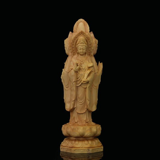 Boxwood 20cm Guanyin Sculpture Wood Buddha Statue Three Face Guan Yin with Boy Home Decor