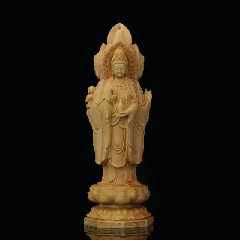 Boxwood 20cm Guanyin Sculpture Wood Buddha Statue Three Face Guan Yin with Boy Home Decor