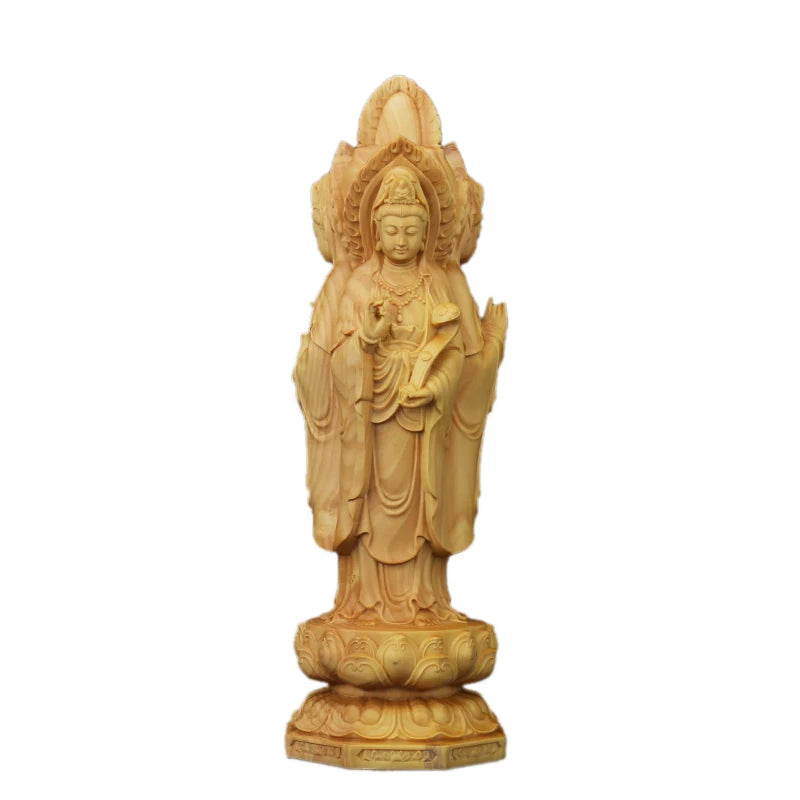 Boxwood 20cm Guanyin Sculpture Wood Buddha Statue Three Face Guan Yin with Boy Home Decor