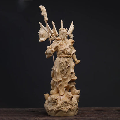 Boxwood 20cm Guanyu Sculpture Three Kingdoms Wood Carving Statue Collection Wealth God Five Flags Guan Gong Feng Shui Home Decor