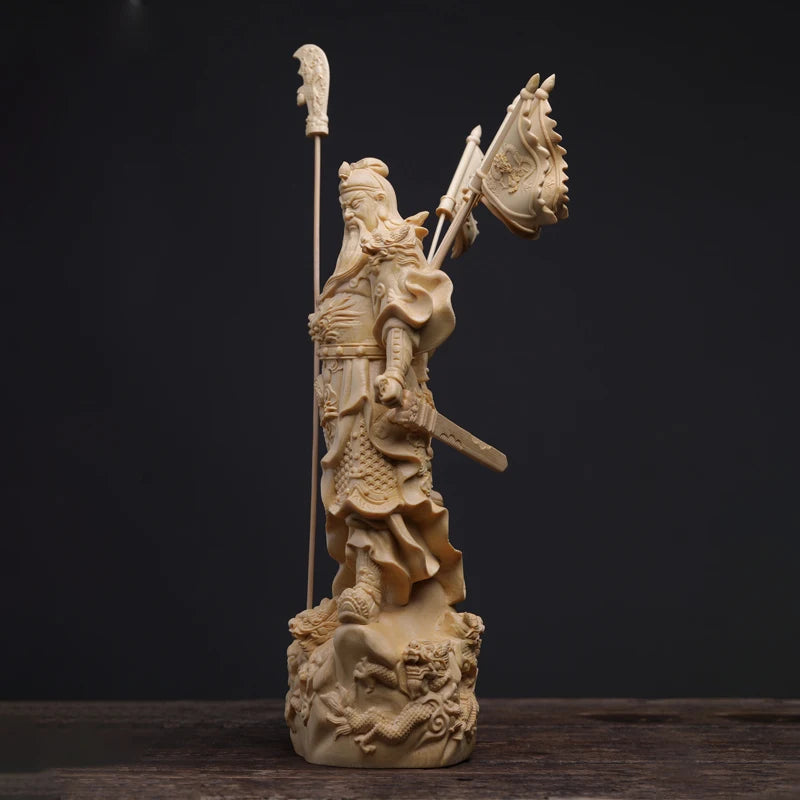 Boxwood 20cm Guanyu Sculpture Three Kingdoms Wood Carving Statue Collection Wealth God Five Flags Guan Gong Feng Shui Home Decor