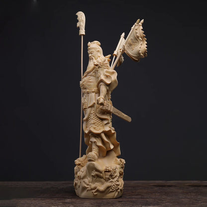 Boxwood 20cm Guanyu Sculpture Three Kingdoms Wood Carving Statue Collection Wealth God Five Flags Guan Gong Feng Shui Home Decor