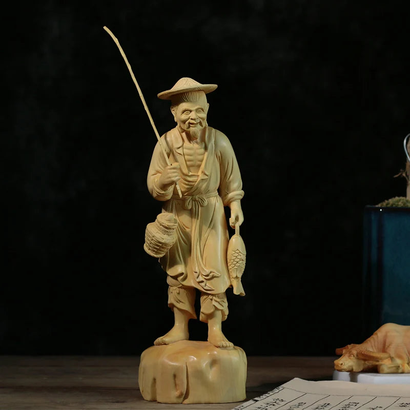 Boxwood 21cm Fisherman Sculpture Fishing Elder Wood Statue Lucky Carving Home Decor