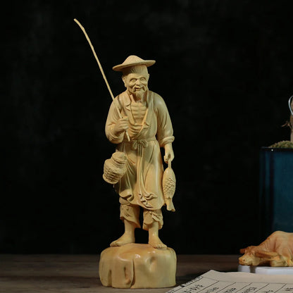 Boxwood 21cm Fisherman Sculpture Fishing Elder Wood Statue Lucky Carving Home Decor