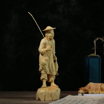 Boxwood 21cm Fisherman Sculpture Fishing Elder Wood Statue Lucky Carving Home Decor