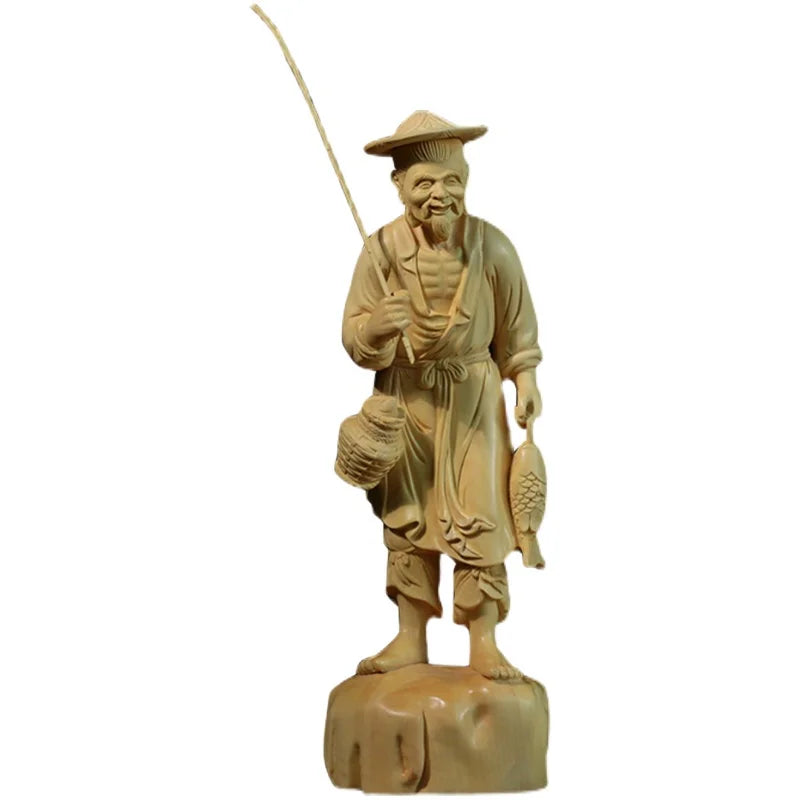 Boxwood 21cm Fisherman Sculpture Fishing Elder Wood Statue Lucky Carving Home Decor