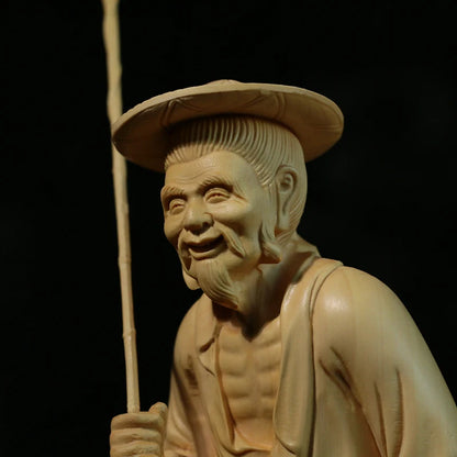 Boxwood 21cm Fisherman Sculpture Fishing Elder Wood Statue Lucky Carving Home Decor