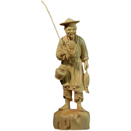 Boxwood 21cm Fisherman Sculpture Fishing Elder Wood Statue Lucky Carving Home Decor
