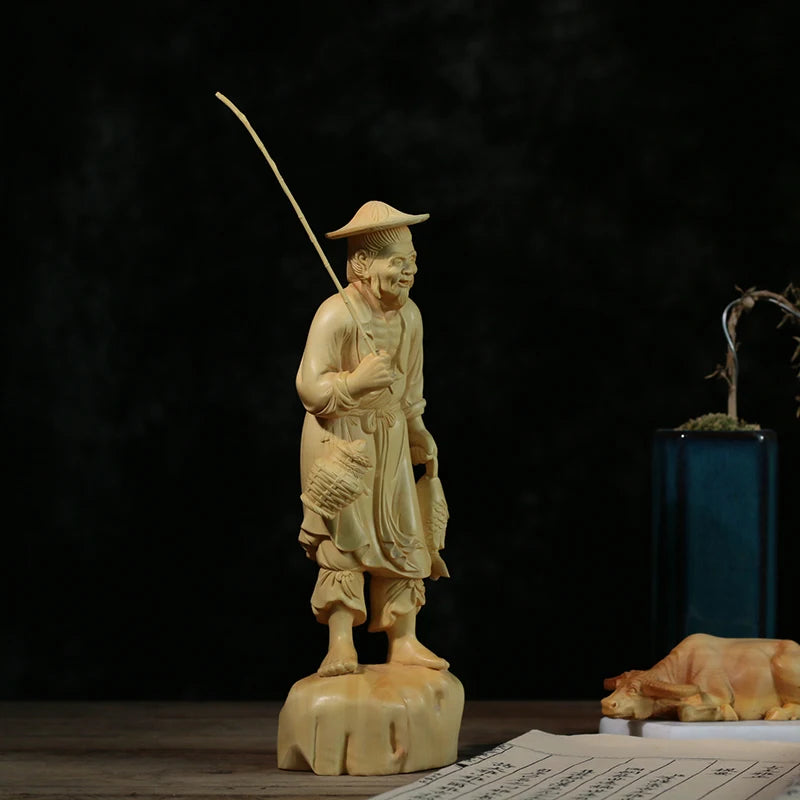 Boxwood 21cm Fisherman Sculpture Fishing Elder Wood Statue Lucky Carving Home Decor