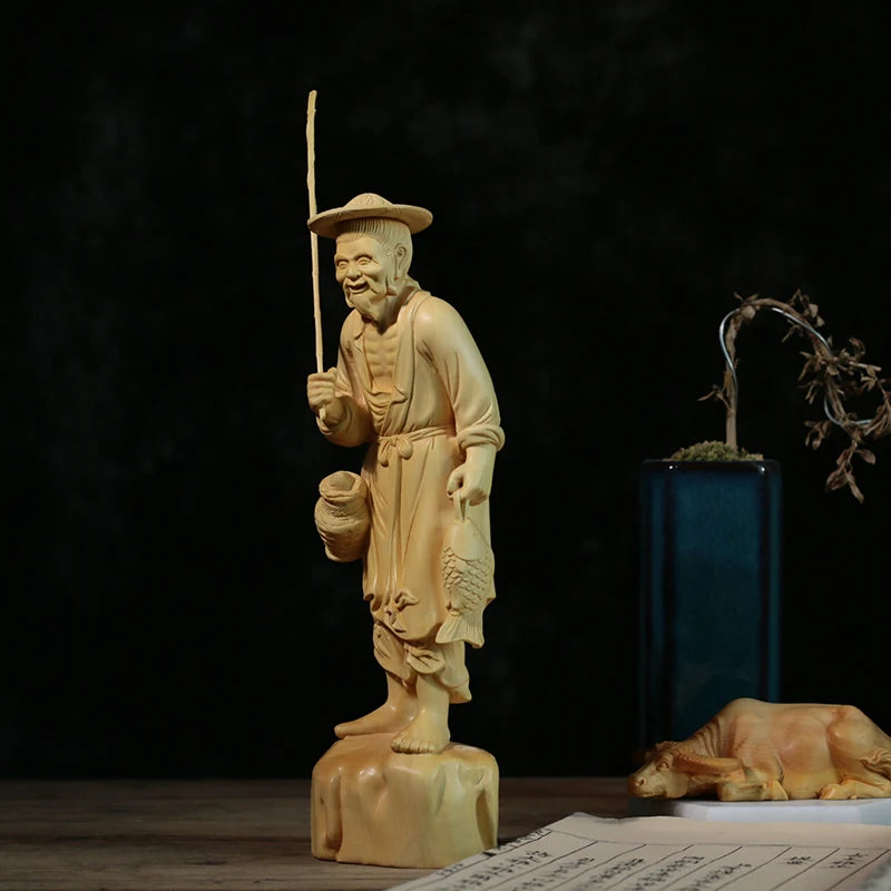 Boxwood 21cm Fisherman Sculpture Fishing Elder Wood Statue Lucky Carving Home Decor