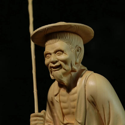 Boxwood 21cm Fisherman Sculpture Fishing Elder Wood Statue Lucky Carving Home Decor