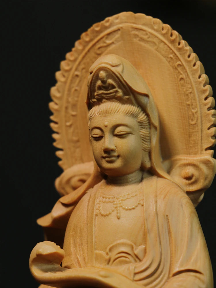 Boxwood 21cm Guanyin Riding A Dragon Real Wood Traditional Chinese Myth Figure Statue Office Decoration Collection Sculpture