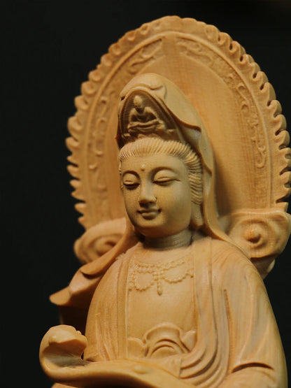 Boxwood 21cm Guanyin Riding A Dragon Real Wood Traditional Chinese Myth Figure Statue Office Decoration Collection Sculpture