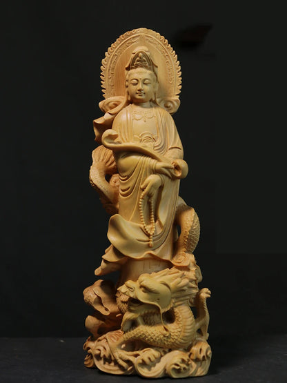 Boxwood 21cm Guanyin Riding A Dragon Real Wood Traditional Chinese Myth Figure Statue Office Decoration Collection Sculpture