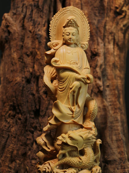 Boxwood 21cm Guanyin Riding A Dragon Real Wood Traditional Chinese Myth Figure Statue Office Decoration Collection Sculpture