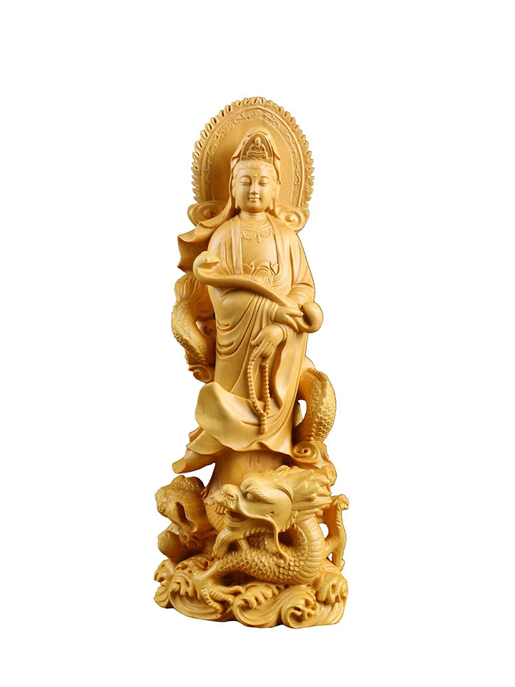 Boxwood 21cm Guanyin Riding A Dragon Real Wood Traditional Chinese Myth Figure Statue Office Decoration Collection Sculpture