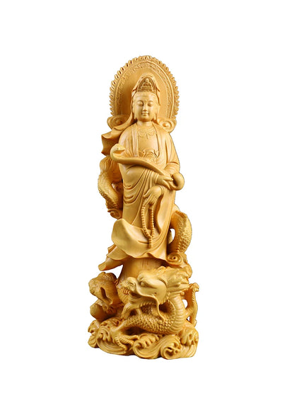 Boxwood 21cm Guanyin Riding A Dragon Real Wood Traditional Chinese Myth Figure Statue Office Decoration Collection Sculpture