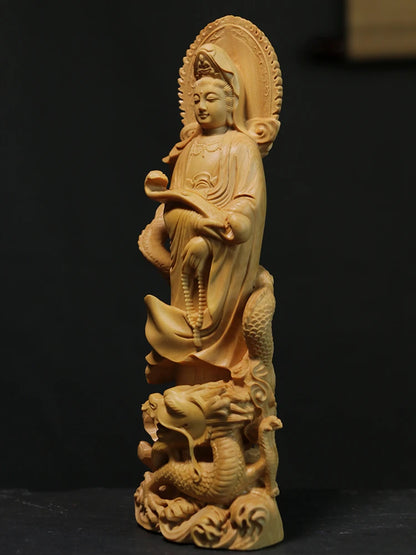 Boxwood 21cm Guanyin Riding A Dragon Real Wood Traditional Chinese Myth Figure Statue Office Decoration Collection Sculpture