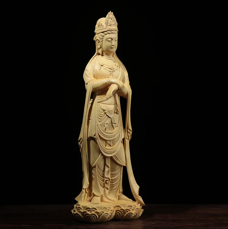Boxwood 21cm Guanyin Sculpture Wood Carving Buddha Statue Worship Home Decor