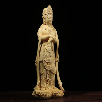 Boxwood 21cm Guanyin Sculpture Wood Carving Buddha Statue Worship Home Decor