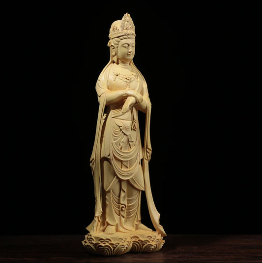 Boxwood 21cm Guanyin Sculpture Wood Carving Buddha Statue Worship Home Decor