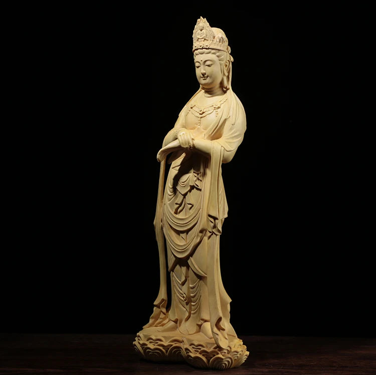 Boxwood 21cm Guanyin Sculpture Wood Carving Buddha Statue Worship Home Decor