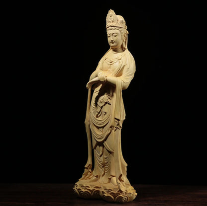Boxwood 21cm Guanyin Sculpture Wood Carving Buddha Statue Worship Home Decor