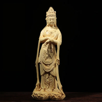 Boxwood 21cm Guanyin Sculpture Wood Carving Buddha Statue Worship Home Decor