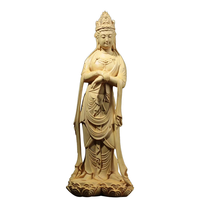 Boxwood 21cm Guanyin Sculpture Wood Carving Buddha Statue Worship Home Decor